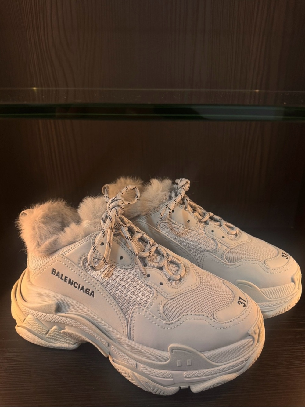Balenciaga Fur-Trim Triple S Lace-Up Sneakers